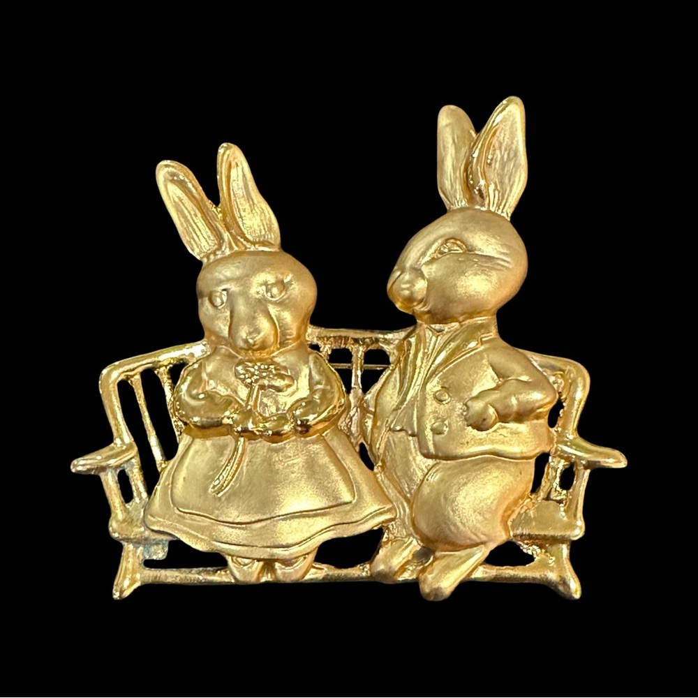 Vintage Brooch Rabbit Couple Sitting on Bench Gold Tone